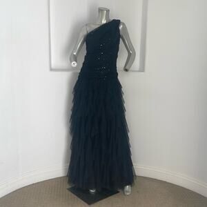 Tadashi Shoji One Shoulder Sequin Mesh Tiered Black Gown Size 6